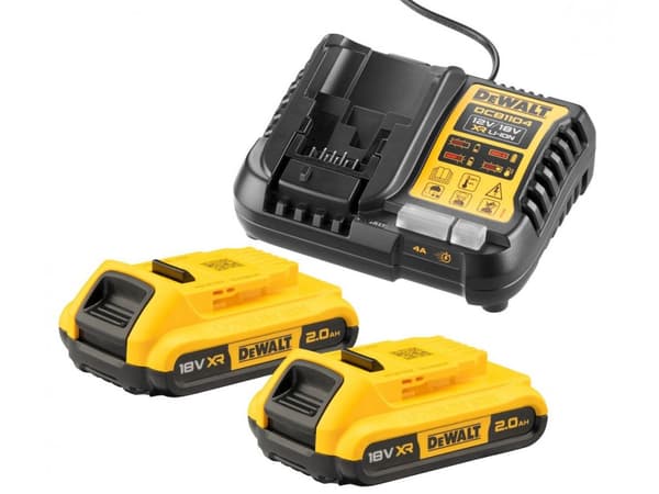 DEWALT XR oplader med 2 x 18V 2,0 Ah batterier DCB1104D2