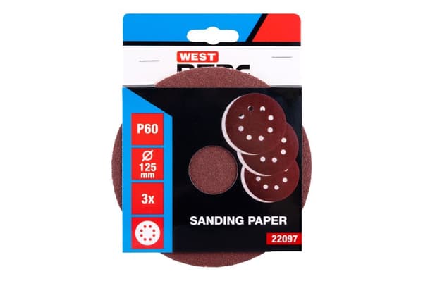 WESTBERG Slippapper rondell 125 mm P60, 3-pack, 8 hål, kardborrefäste, 22097.01