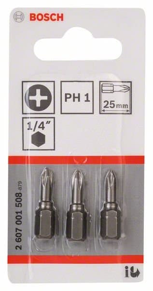 BOSCH Extra-hård PH1 skruvbits, 25 mm, 3-pack, 2607001508