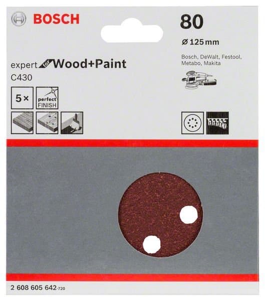 BOSCH slippapper C430, 5-pack, 125 mm, korn 80, 2608605642