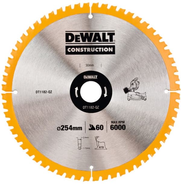 DeWALT Construction-savklinge til kap-/geringssave til træ med søm, 254 x 30 mm, 60 tænder, DT1182