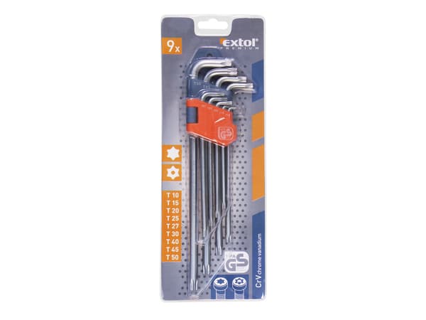 EXTOL PREMIUM förlängda TORX L-nycklar, 9-delars sats, T10–T50, 50 mm