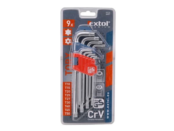 EXTOL PREMIUM TORX L-nyckelsats, 9 delar, 10–50 mm