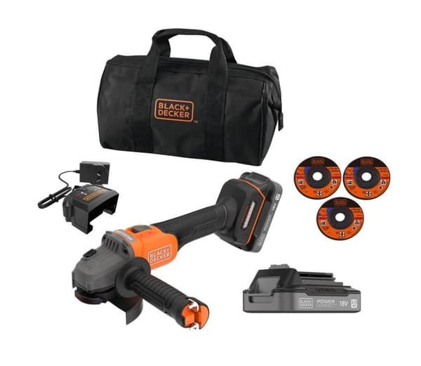 BLACK+DECKER ledningsfri vinkelsliber 115 mm med tilbehør BCG6L8D2S
