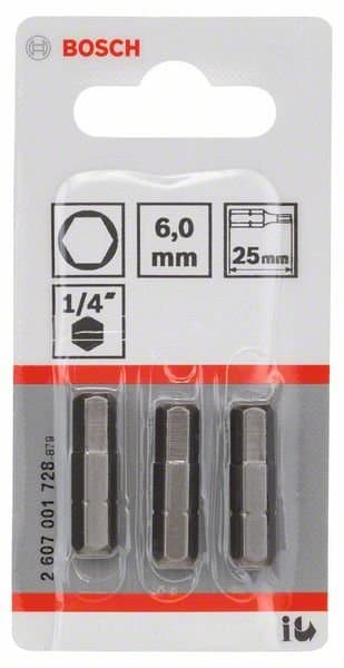 BOSCH Extra-hård skruvbits HEX 6, 25 mm, 3-pack 2607001728
