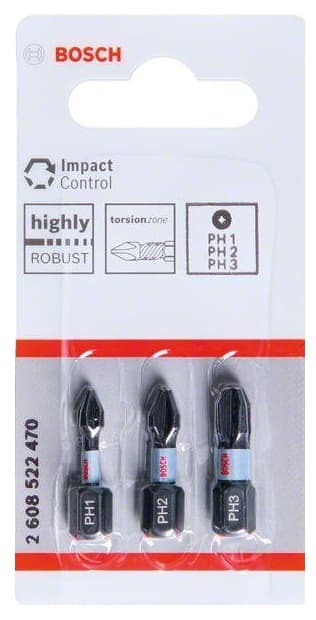 BOSCH Impact Control bitsats PH1/PH2/PH3, 25 mm, 3 delar, 2608522470