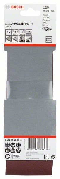 BOSCH X440 slippband, 3-pack, 75 x 457 mm, korn 120