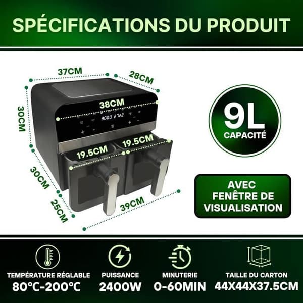 Luftfriture - GENERIC - CNAFD45WB - Dobbelt kurv - Sort vindue - 2400 W