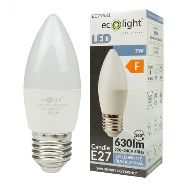 Ecolight välkkymätön LED-kynttilälamppu E27 7W 6500K 630lm