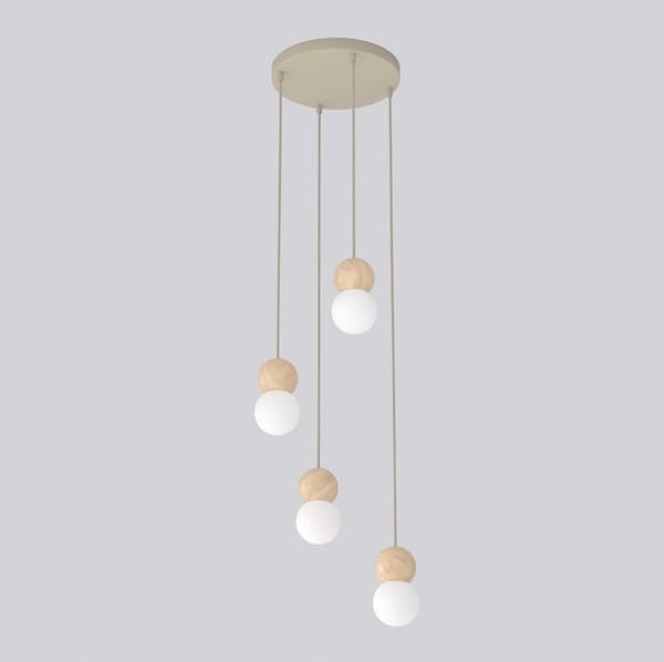 Moderne pendellampe beige-hvid træ- og glaskugler 4xG9 8W LOOP Emibig
