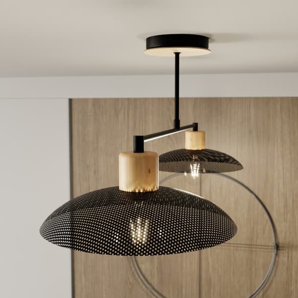 Skandinavisk sort loftlampe med træelementer KOBE 2xE27 15W Emibig