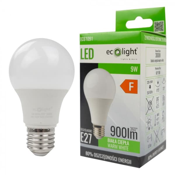 Flimmerfri LED-pære, kugleformet E27 9W 3000K 900lm Ecolight