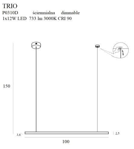 Pendellampe moderne sort dæmpbar TRIO LED 12W P0310D Maxlight