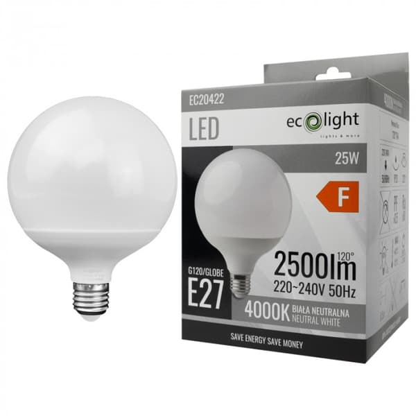 LED-pære hvid kugleformet E27 25W neutral 2500lm GLOBE Ecolight