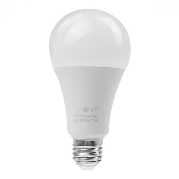 E27 LED pære 20W hvid kugleformet neutral lysfarve 2000lm Ecolight