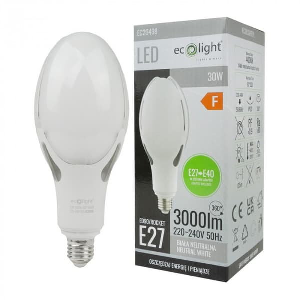 LED-katuvalolamppu erittäin tehokas E27 30W 4000K 3000lm E27 / E40 Ecolight