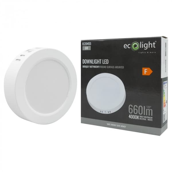 Ytmonterad spotlight vit 12 cm LED 6W rund 4000K neutral Downlight Ecolight EC20455