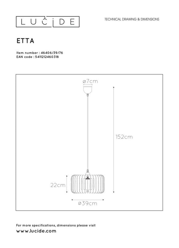 Lucide E27 40W ETTA Pendellampe 46406/39/76