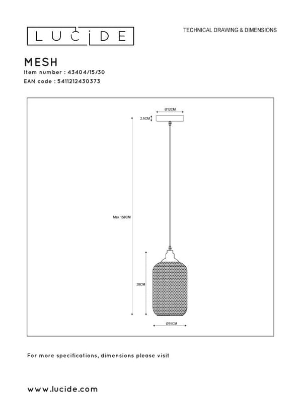 Lucide E27 60W MESH Pendellampe 43404/15/30