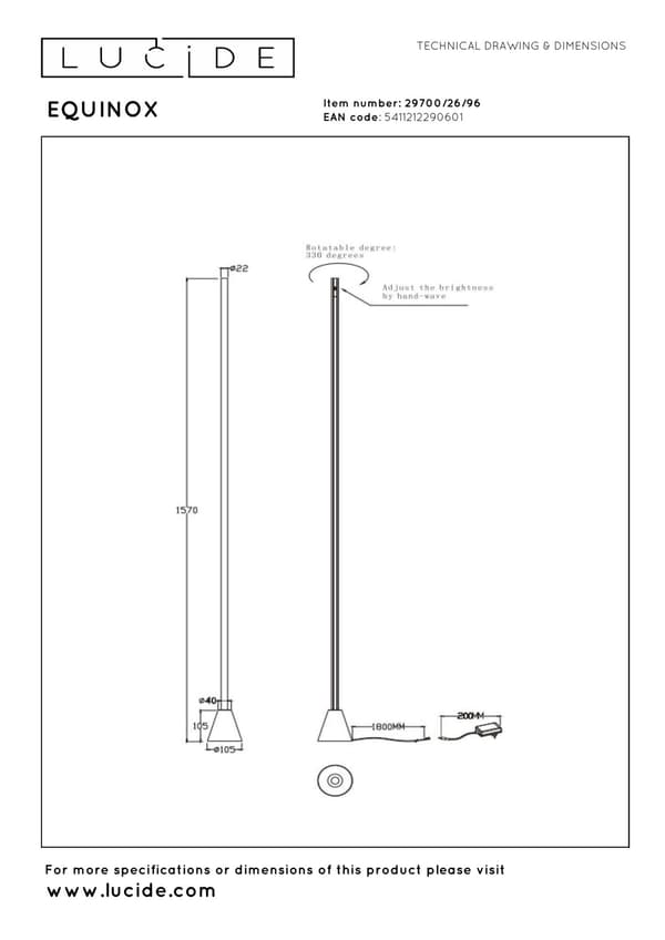 Gulvlampe moderne brun lineær nærhedssensor LED 26W EQUINOX Lucide