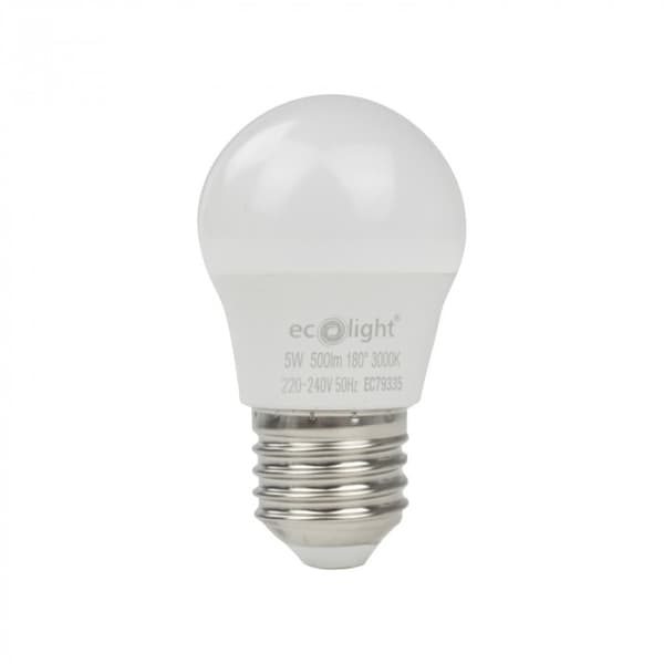 Ecolight LED-lamppu, pallomainen, E27, 5W, 3000K, 450lm, välkkymätön