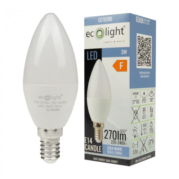 Ecolight välkkymätön LED-kynttilälamppu E14 3W 6500K 270lm