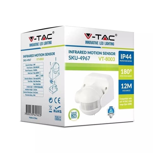 Rörelsesensor IP44 V-TAC Infraröd 12 meter VT-8003