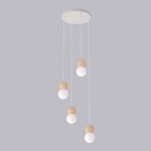 Pendellampe moderne hvid-beige træ- og glaskugler 4xG9 8W LOOP Emibig