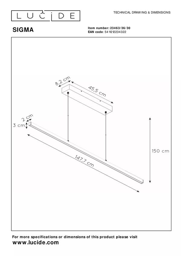 Moderne sort pendellampe 148cm SIGMA LED 36W Lucide