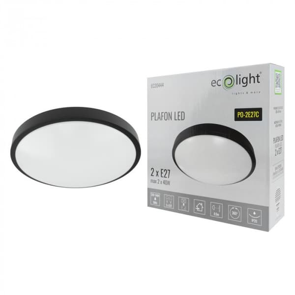 Rund sort loftlampe til 2 x E27 40W LED pærer EC20444 Ecolight