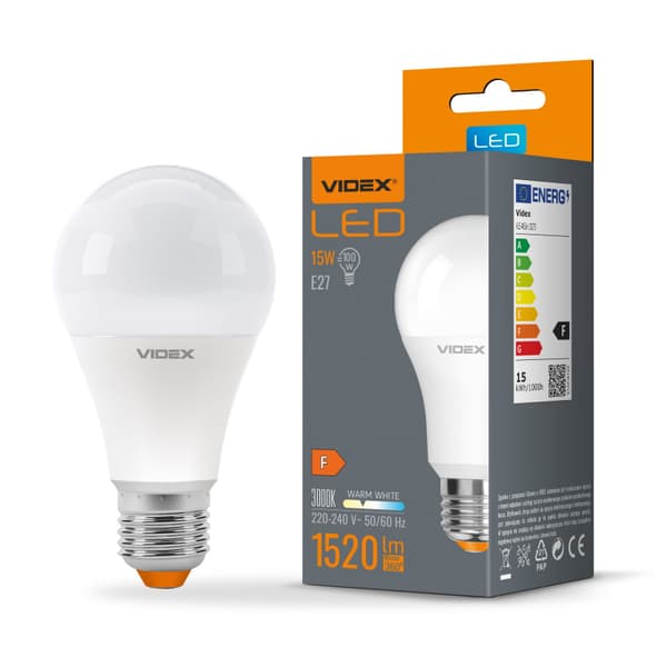 Pære, hvid, A65, 15W, E27, varm, 1520lm, 3000K, Videx