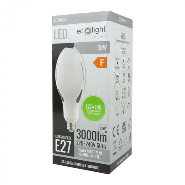 LED-katuvalolamppu erittäin tehokas E27 30W 4000K 3000lm E27 / E40 Ecolight