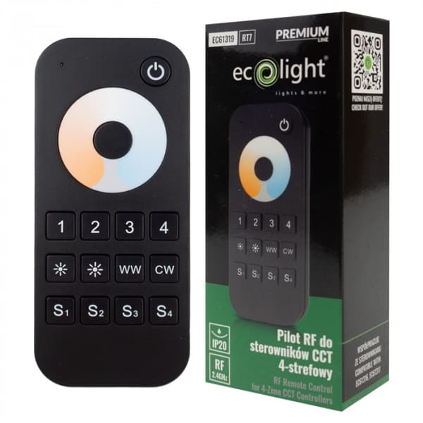 RT7 RF LED-båndfjernbetjening til CCT-controllere 4-zoners touch sort Ecolight