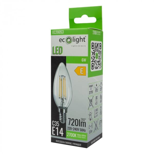 Flimmerfri LED-glødepære E14 6W 2700K 720lm Ecolight