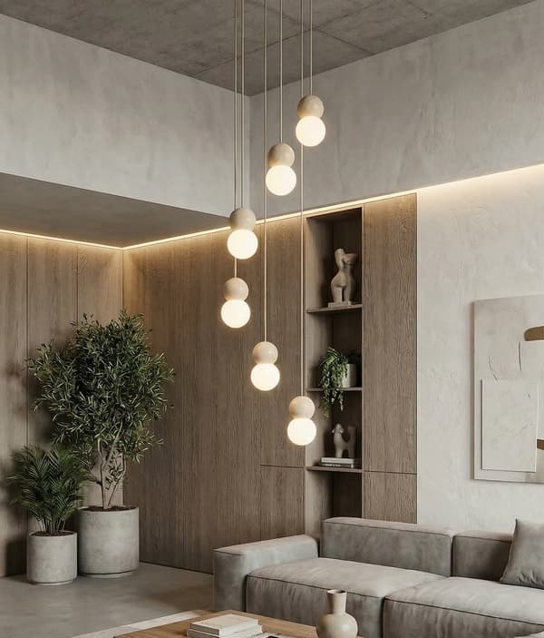Moderne pendellampe beige-hvid træ- og glaskugler 6xG9 8W LOOP Emibig