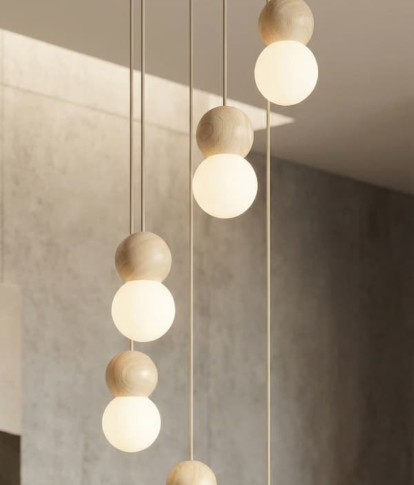 Moderne pendellampe beige-hvid træ- og glaskugler 6xG9 8W LOOP Emibig