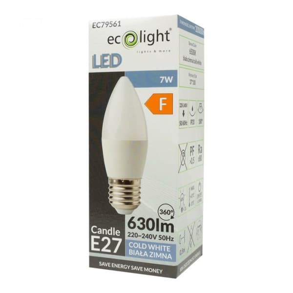 Ecolight välkkymätön LED-kynttilälamppu E27 7W 6500K 630lm