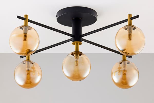Moderne sort-guld loftlampe med ravfarvede glaskugler 5xG9 14W FIGARO Jupiter