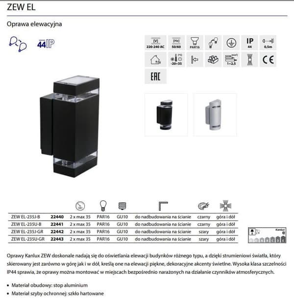 Kanlux ZEW -ulkoseinävalaisin, malli 22441