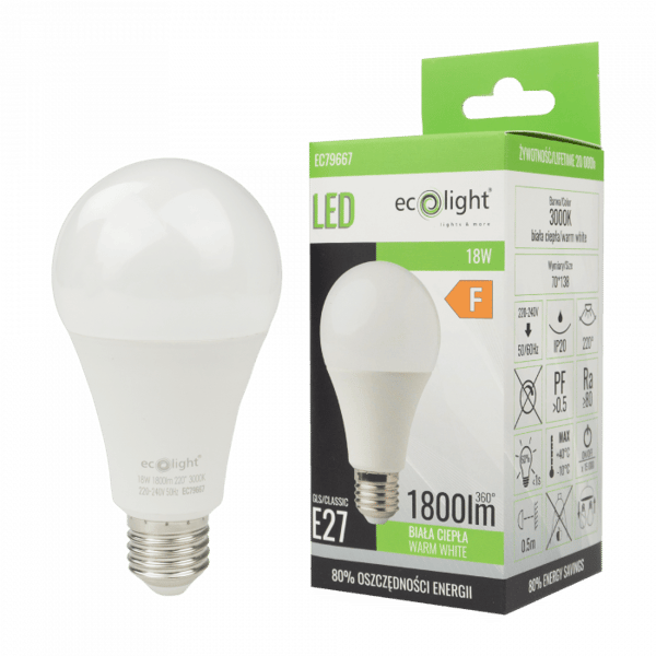 Ecolight välkkymätön LED-pallolamppu E27 18W 3000K 1620lm