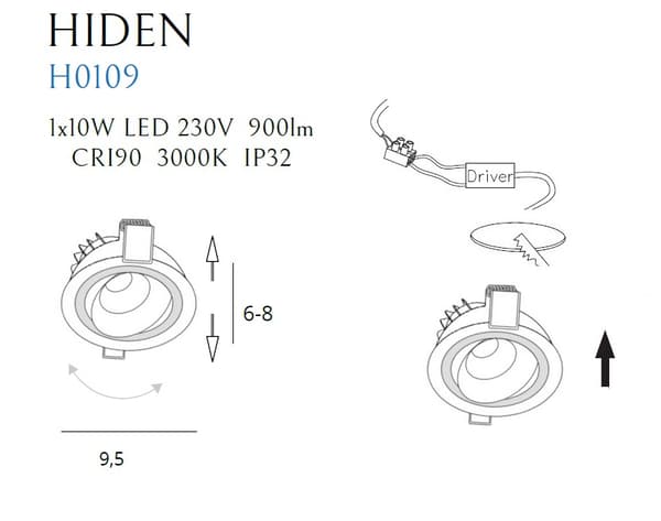 Infälld rörlig spotlight vit rund LED 10W HIDEN Maxlight