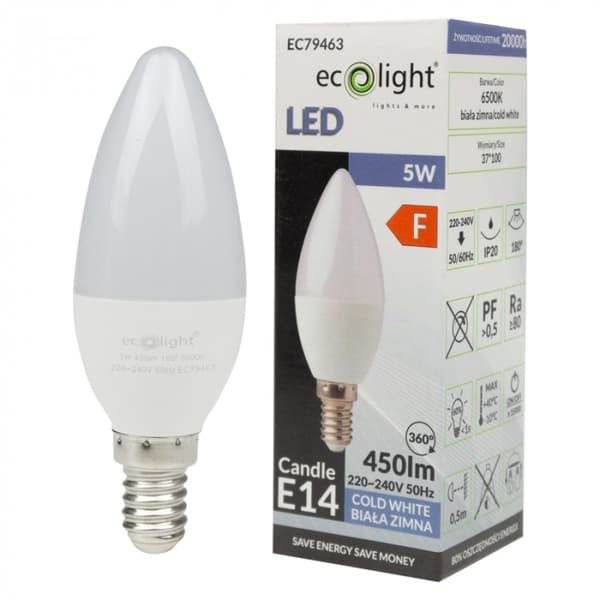 Välkkymätön LED-kynttilälamppu E14 5W 6500K 450lm Ecolight