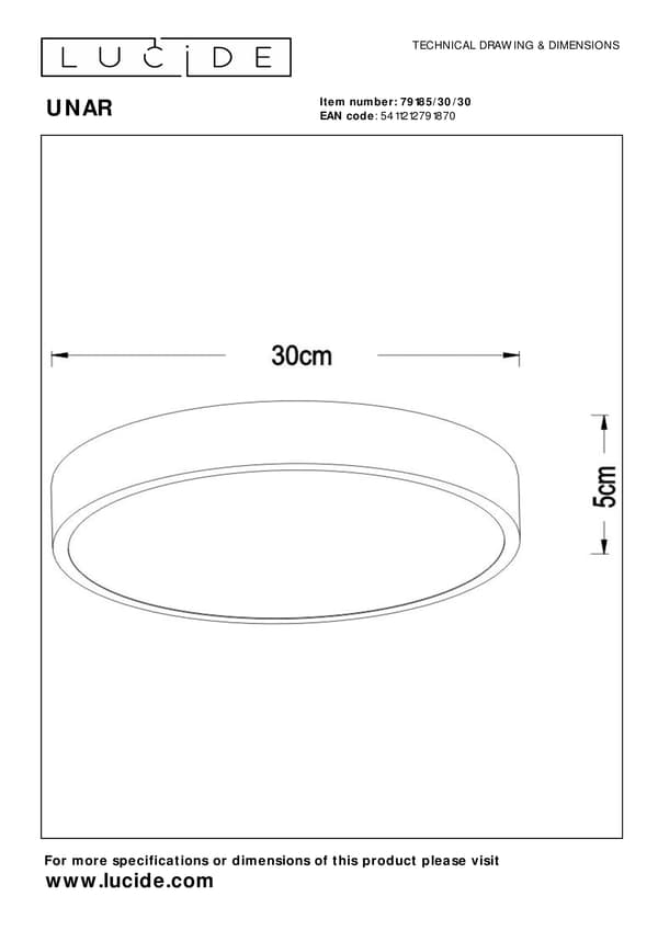 Loftlampe 30 cm LED 18W sort rund UNAR Lucide