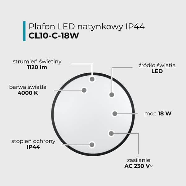 Pyöreä musta LED-kylpyhuoneplafondi 18W IP44 DPM