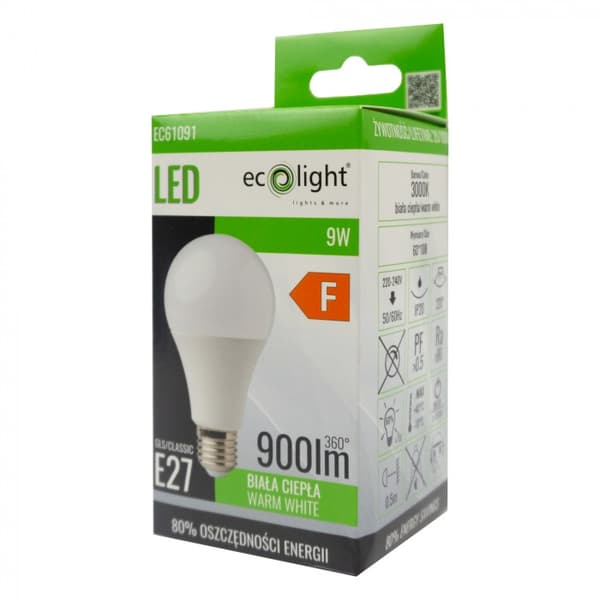 Flimmerfri LED-pære, kugleformet E27 9W 3000K 900lm Ecolight