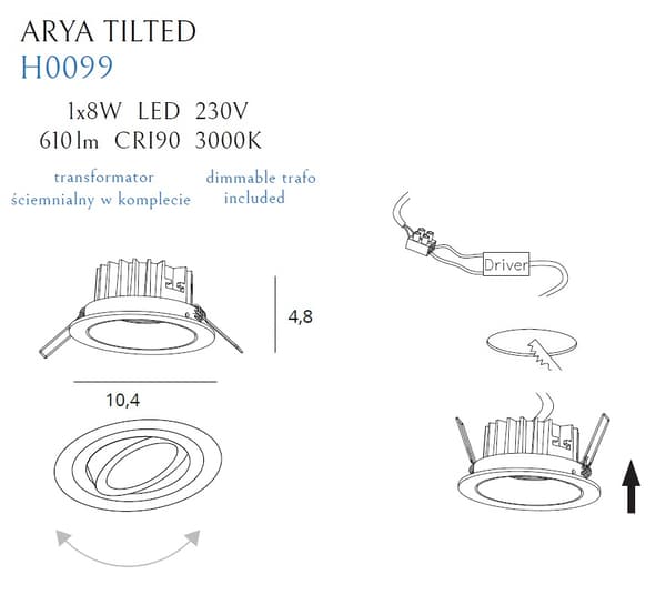 Infälld dimbar spotlight svart rund LED 8W ARYA Maxlight