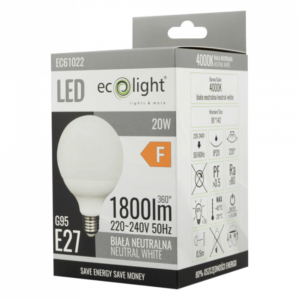 LED-pallolamppu tehokas G95 E27 20W 4000K Ecolight