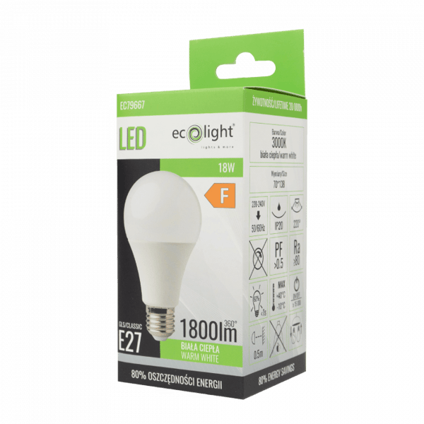 Ecolight välkkymätön LED-pallolamppu E27 18W 3000K 1620lm