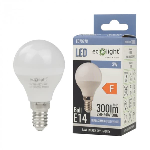 Ecolight välkkymätön LED-pallolamppu E14 3W 6500K 270lm