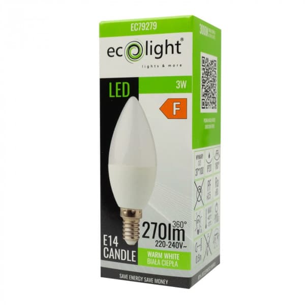Ecolight välkkymätön LED-kynttilälamppu E14 3W 3000K 270lm